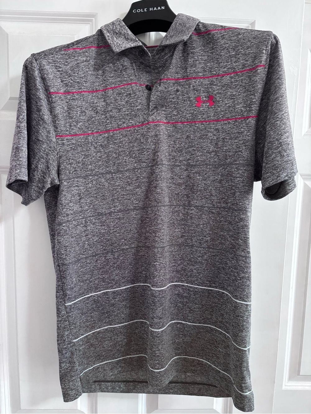 Under Armour Men’s Heather Gray Polo with Pink and White Stripes